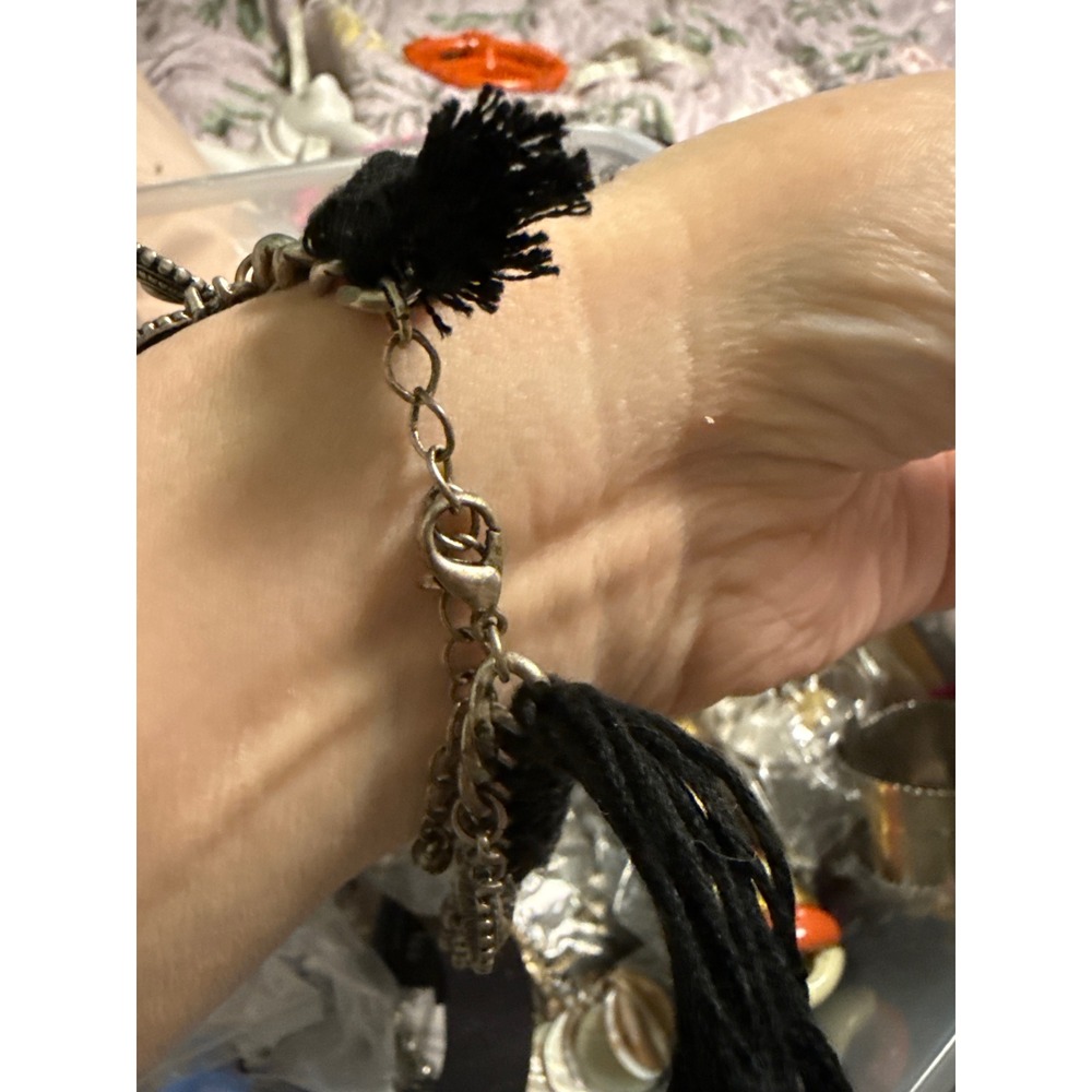 Boho‎ Black Cord Silver Charm Tassel Bracelet Tribal Ethnic Statement uisex - Picture 2 of 2